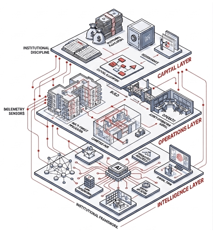 Three-layer architecture — Capital, Operations, and Intelligence layers unified as one platform.